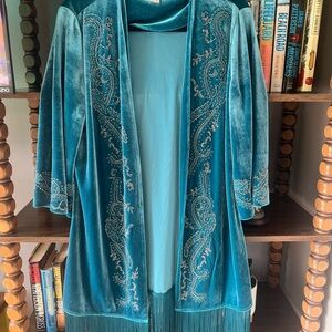 NWOT Chico's Rich Teal Velvet Beaded Fringe Kimono